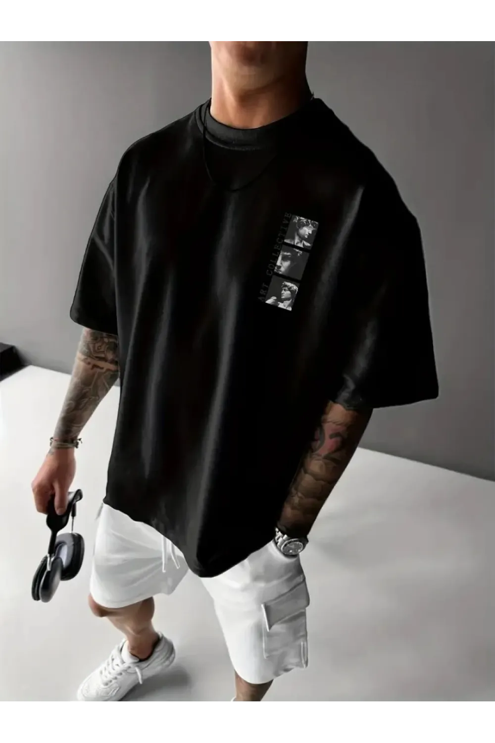 Baskılı Oversize Bisiklet Yaka T-shirt - Siyah