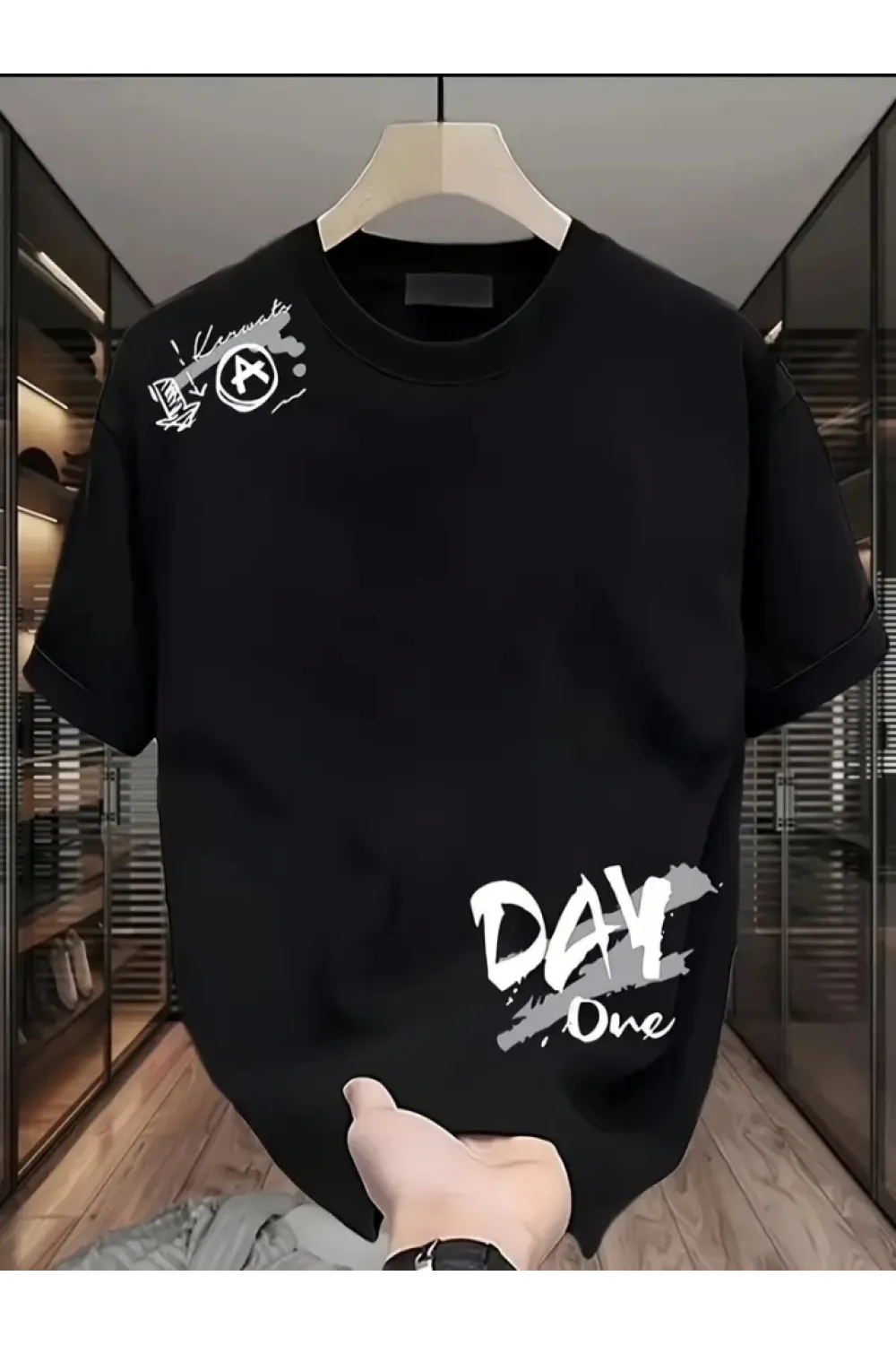 Baskılı Oversize Bisiklet Yaka T-shirt - Siyah