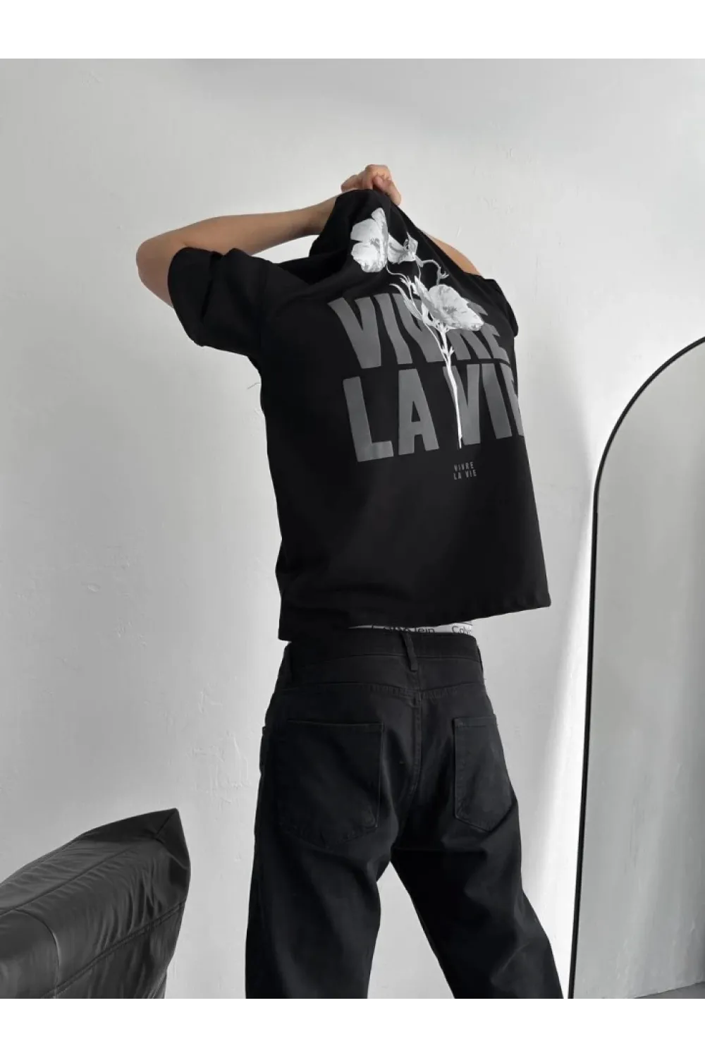 Baskılı Oversize Bisiklet Yaka T-shirt - Siyah