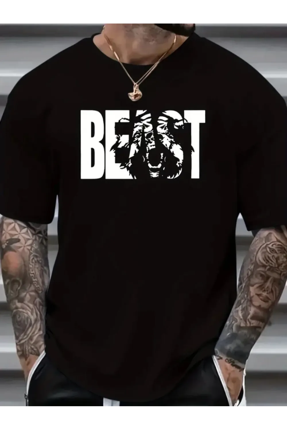 Baskılı Oversize Bisiklet Yaka T-shirt - Siyah
