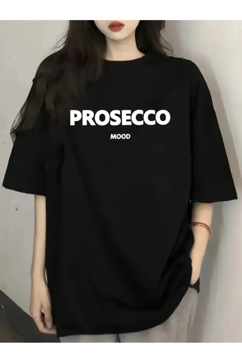 Baskılı Oversize Bisiklet Yaka T-shirt - Siyah