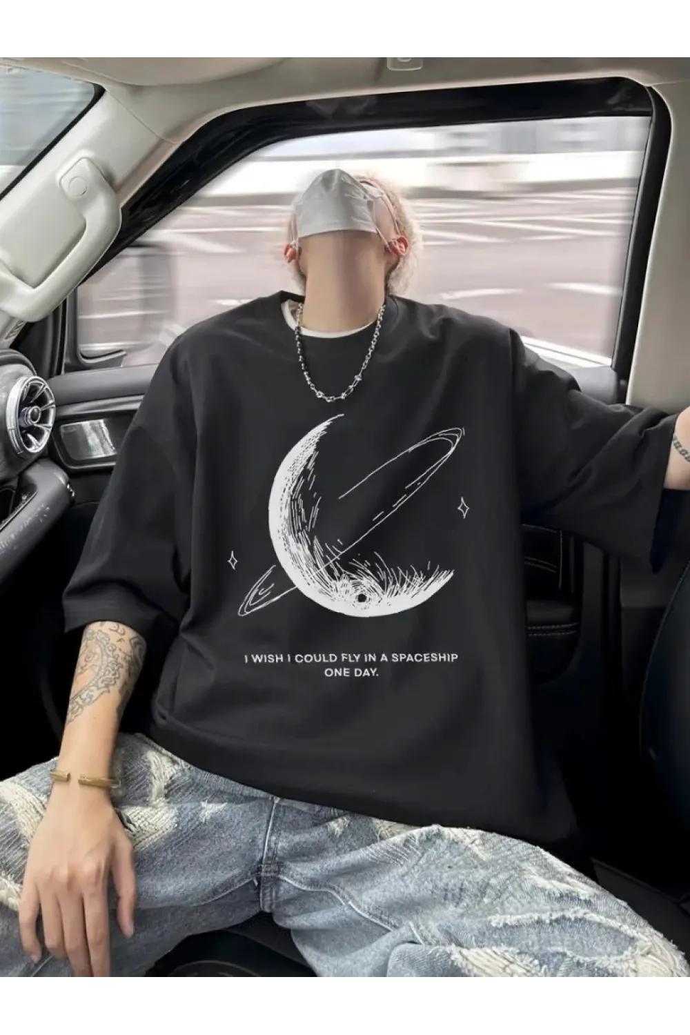 Baskılı Oversize Bisiklet Yaka T-shirt - Siyah
