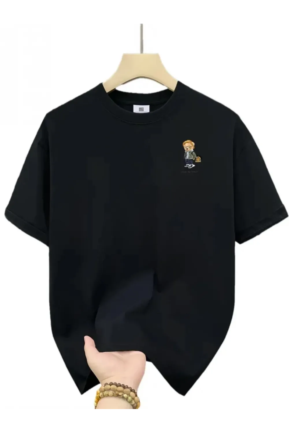 Baskılı Oversize Bisiklet Yaka T-shirt - Siyah