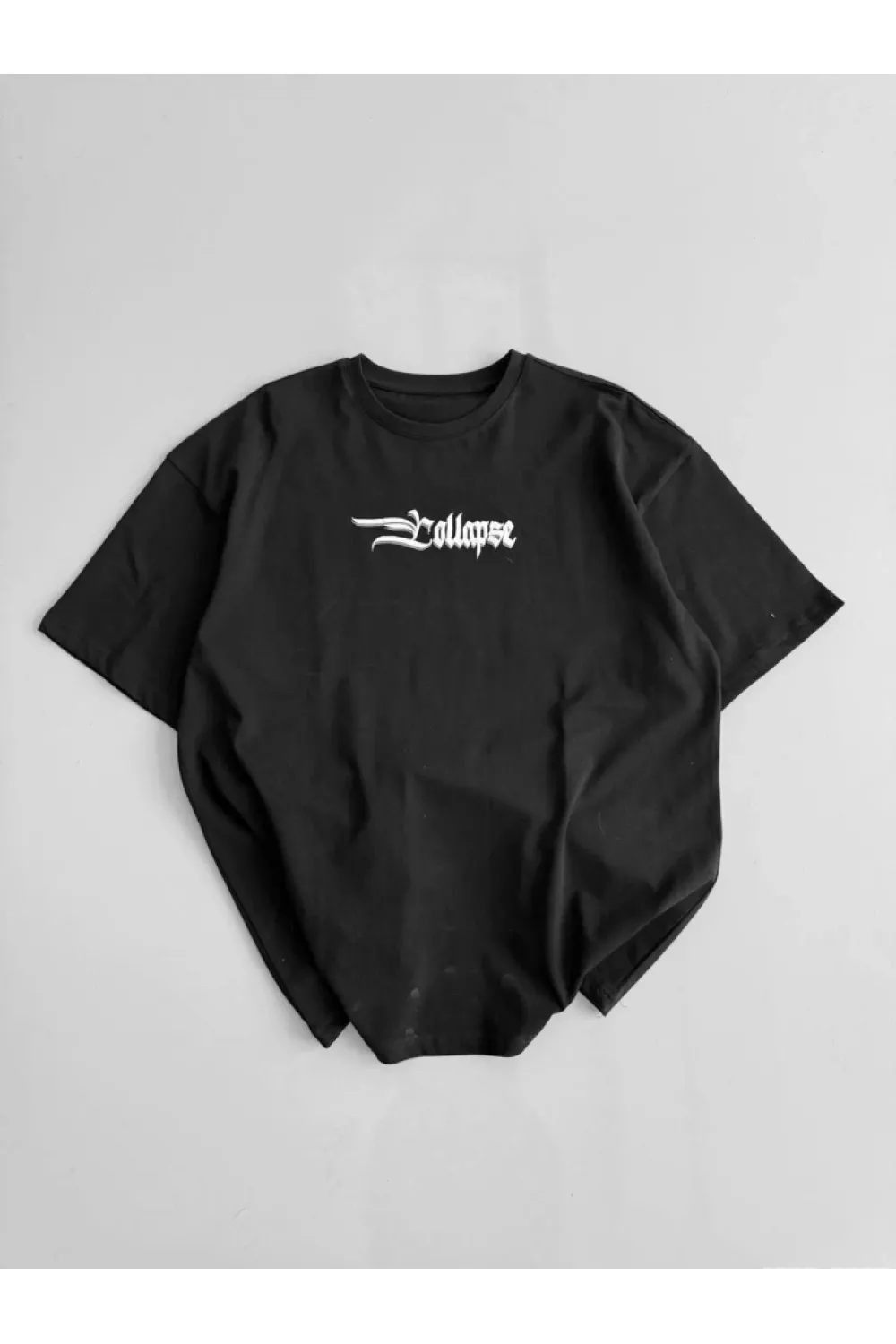 Baskılı Oversize Bisiklet Yaka T-shirt - Siyah