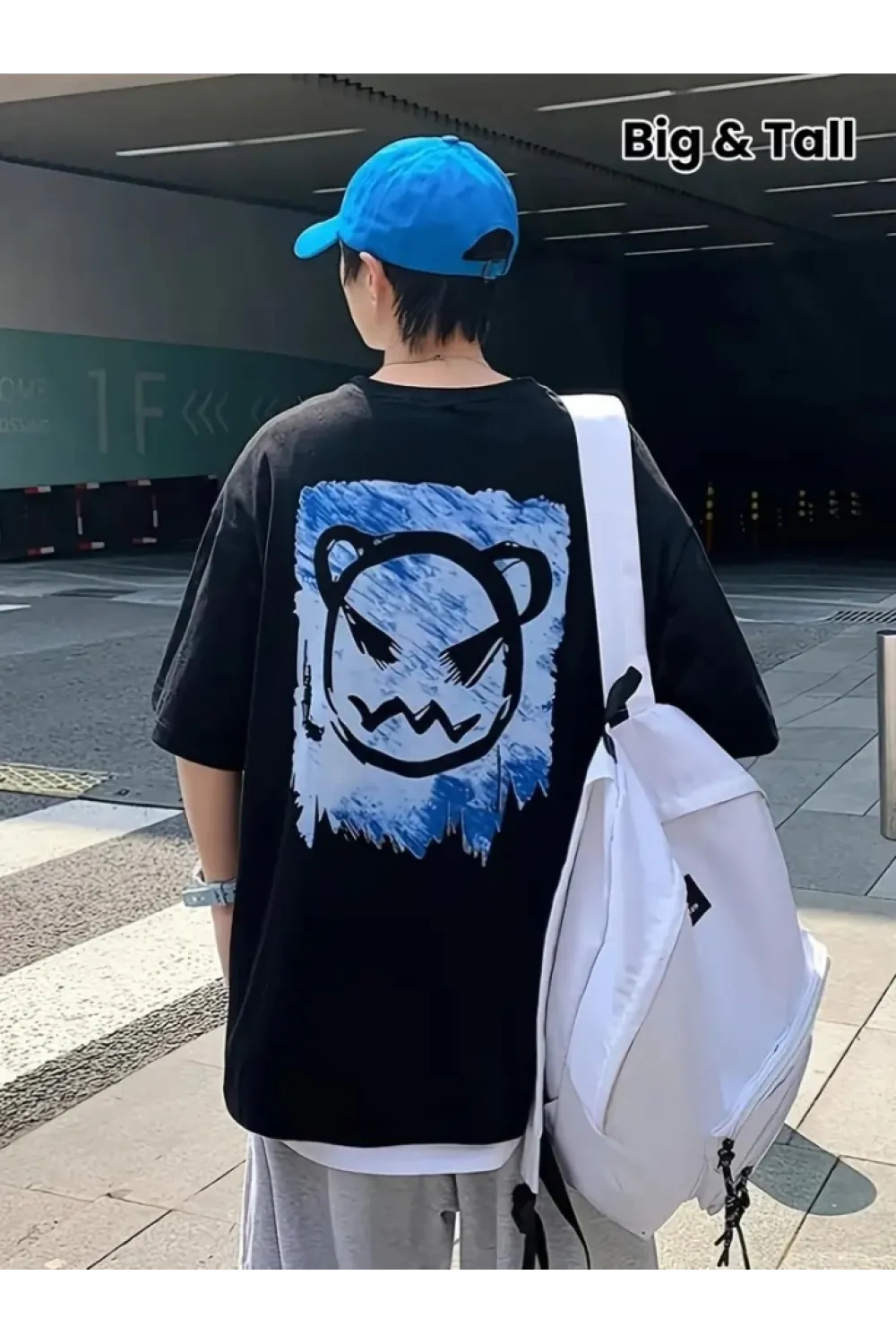 Baskılı Oversize Bisiklet Yaka T-shirt - Siyah