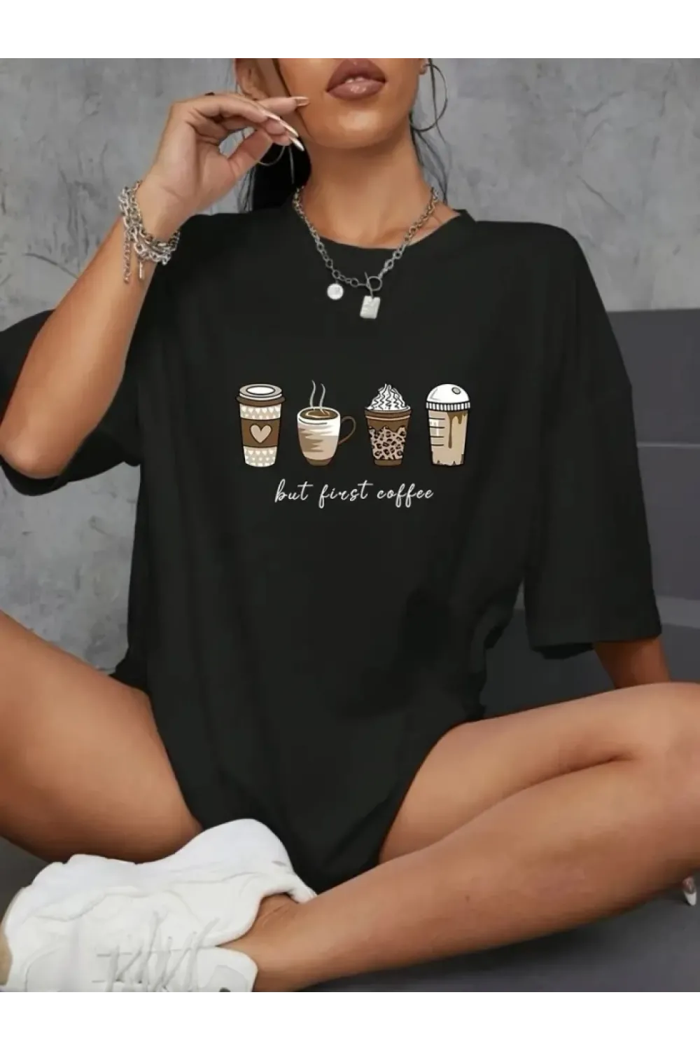 Baskılı Oversize Bisiklet Yaka T-shirt - Siyah