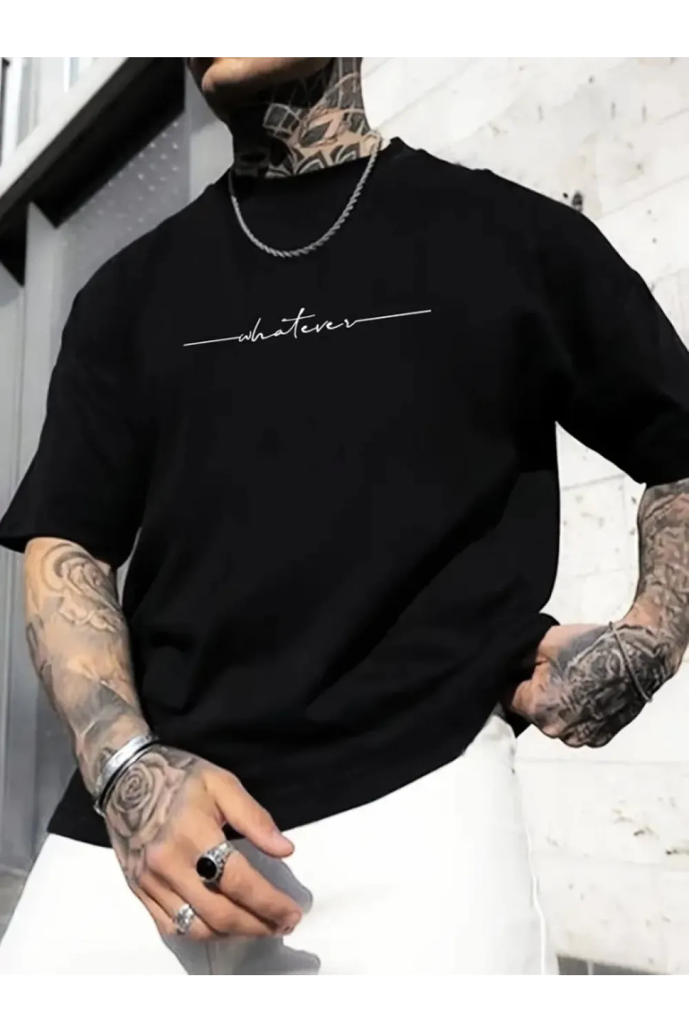 Baskılı Oversize Bisiklet Yaka T-shirt - Siyah
