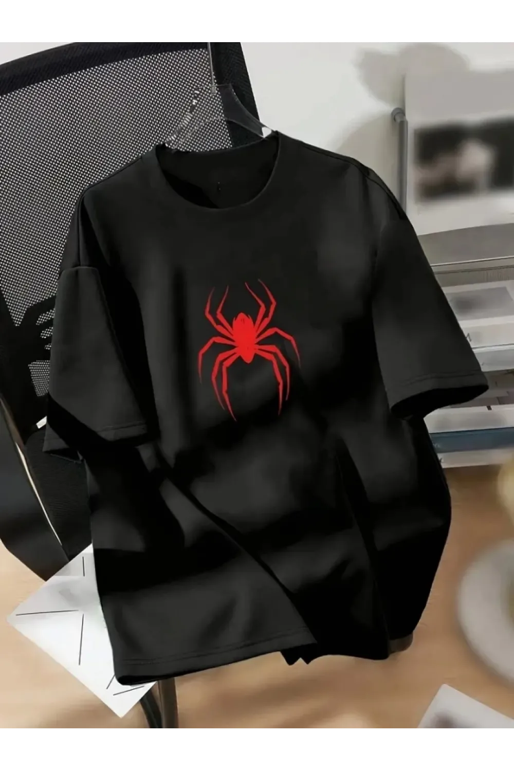 Baskılı Oversize Bisiklet Yaka T-shirt - Siyah