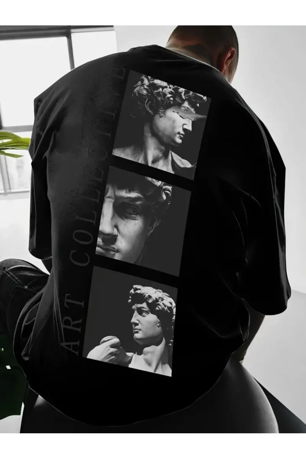 Baskılı Oversize Bisiklet Yaka T-shirt - Siyah