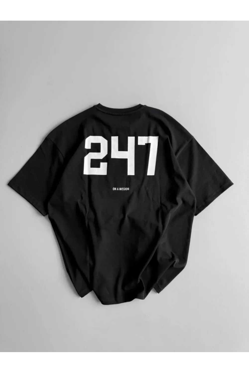 Baskılı Oversize Bisiklet Yaka T-shirt - Siyah