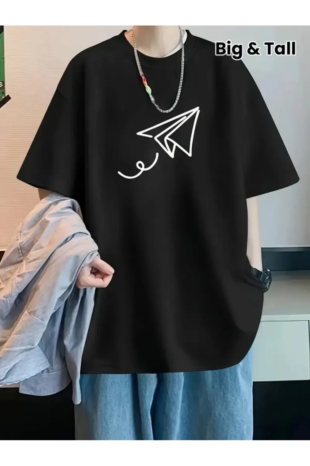 Baskılı Oversize Bisiklet Yaka T-shirt - Siyah