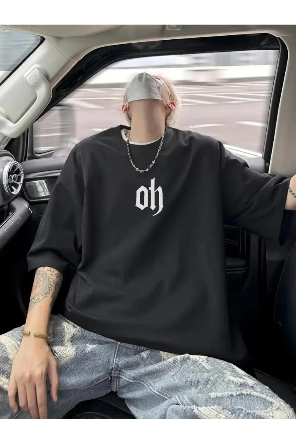 Baskılı Oversize Bisiklet Yaka T-shirt - Siyah