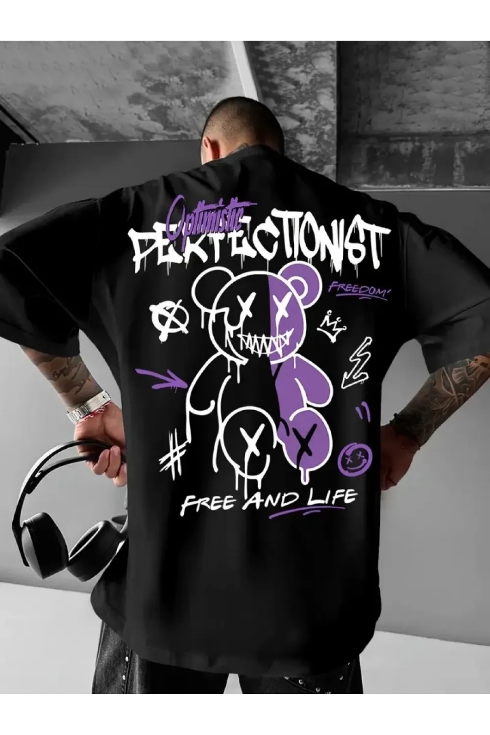 Baskılı Oversize Bisiklet Yaka T-shirt - Siyah