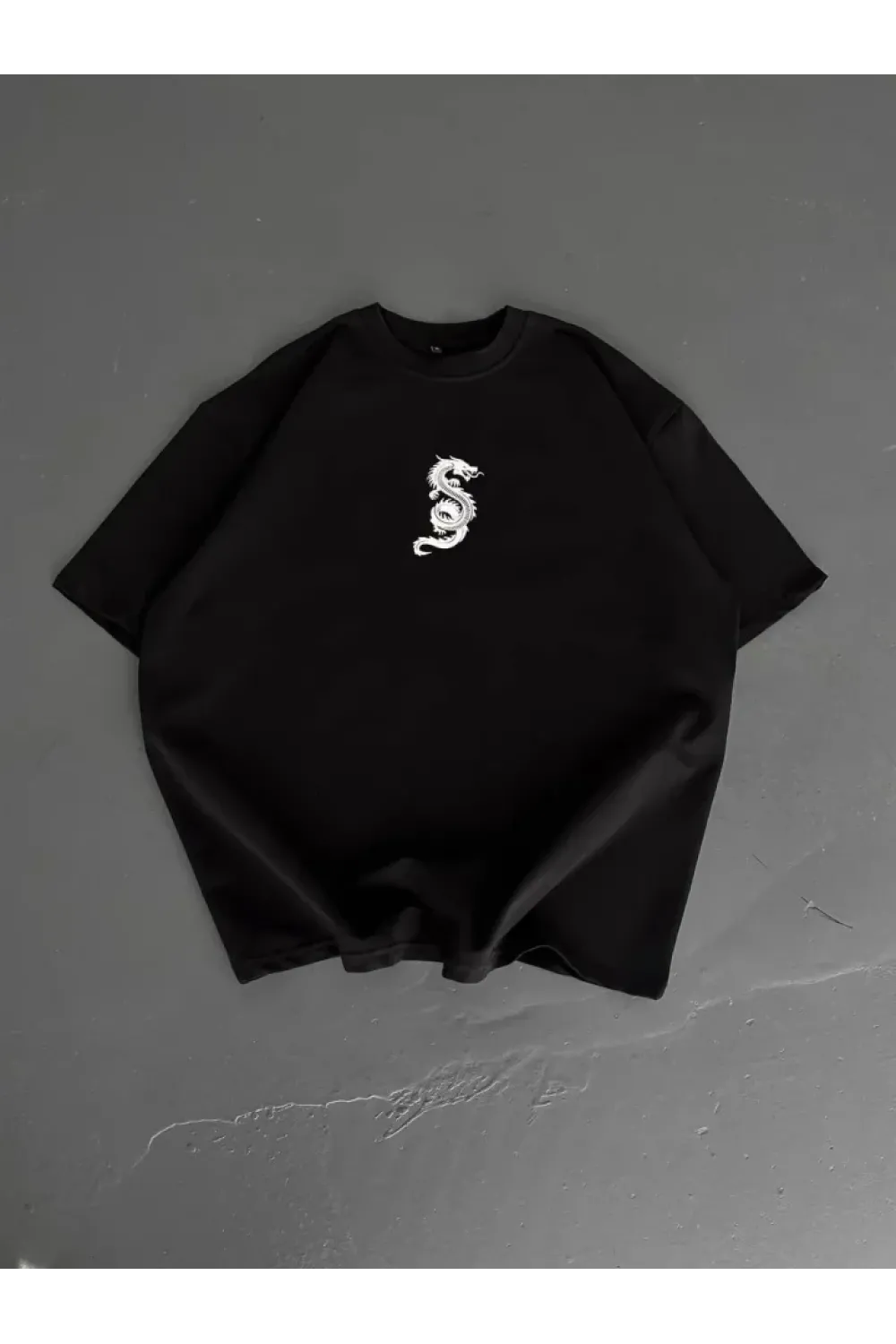 Baskılı Oversize Bisiklet Yaka T-shirt - Siyah