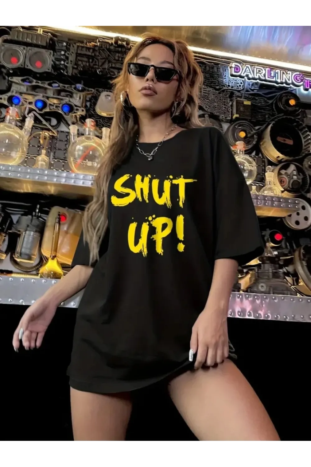 Baskılı Oversize Bisiklet Yaka T-shirt - Siyah