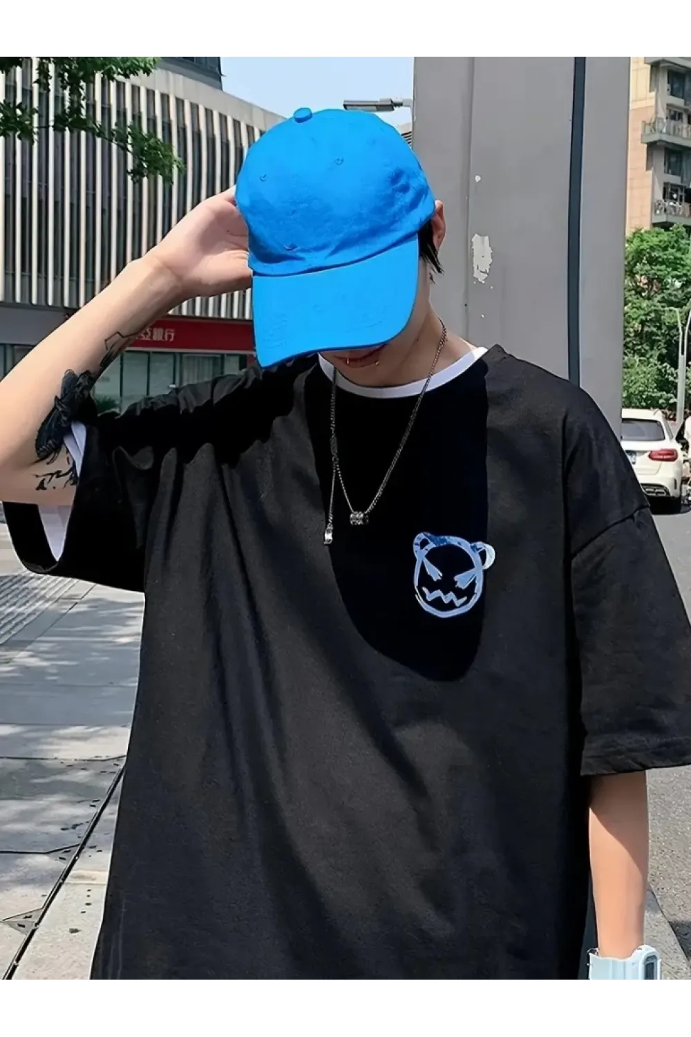Baskılı Oversize Bisiklet Yaka T-shirt - Siyah
