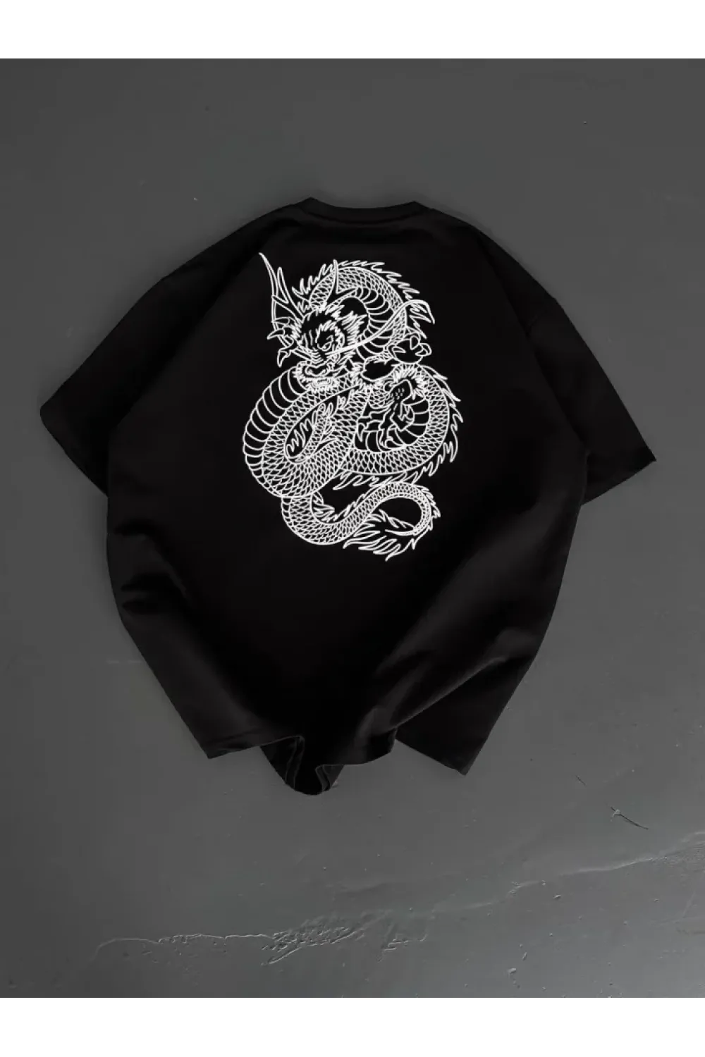 Baskılı Oversize Bisiklet Yaka T-shirt - Siyah