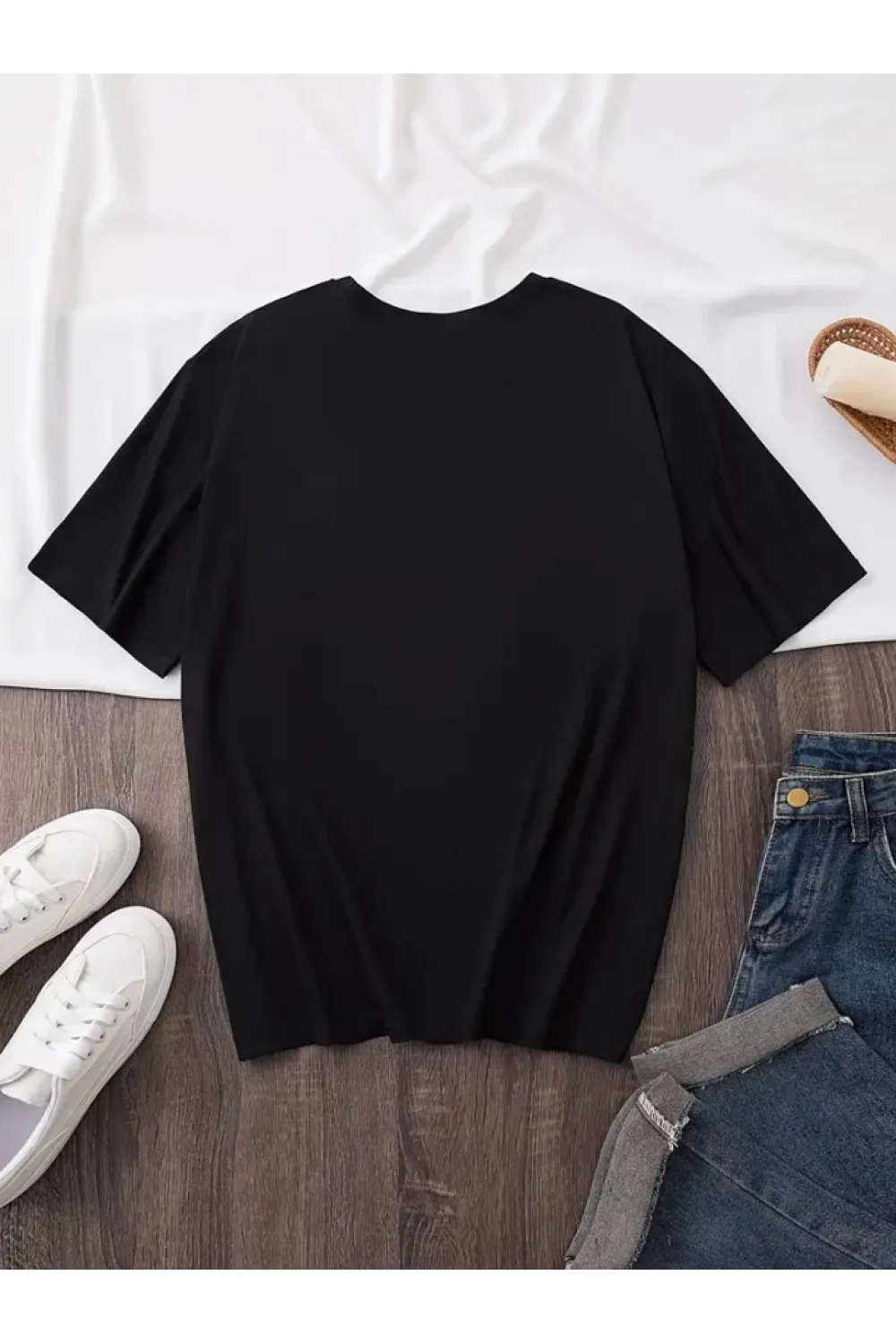 Baskılı Oversize Bisiklet Yaka T-shirt - Siyah
