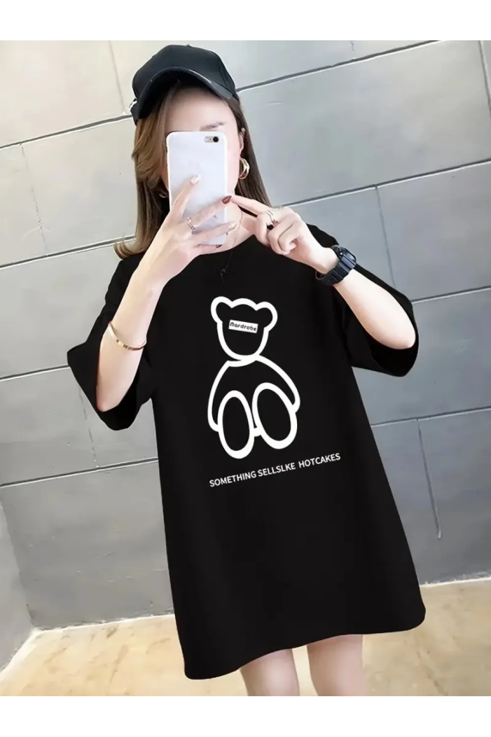 Baskılı Oversize Bisiklet Yaka T-shirt - Siyah
