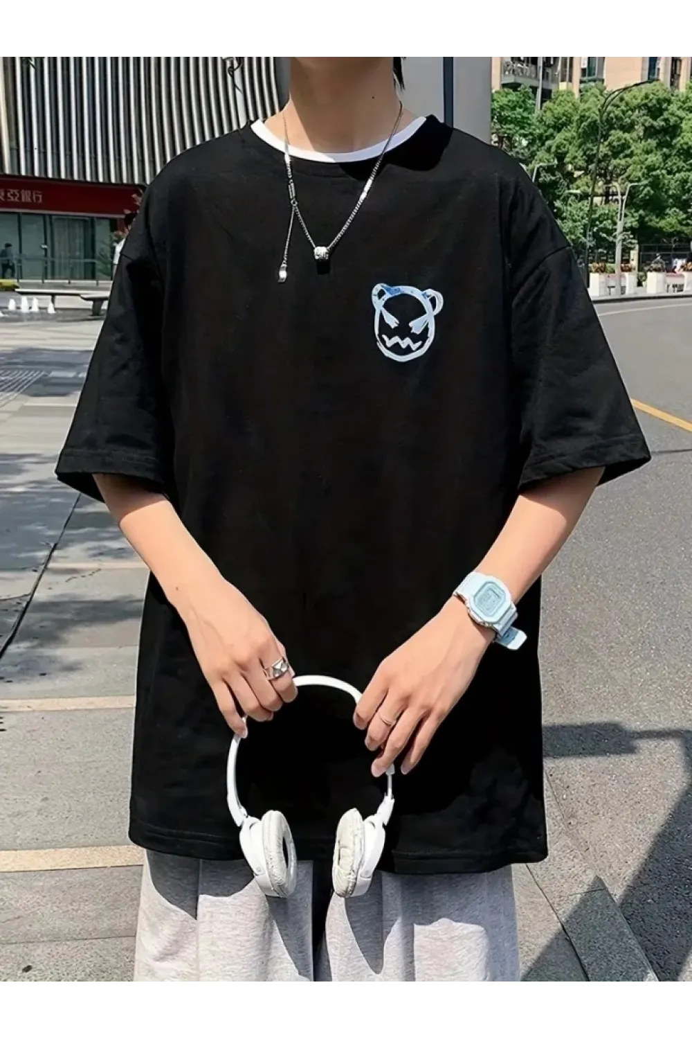 Baskılı Oversize Bisiklet Yaka T-shirt - Siyah