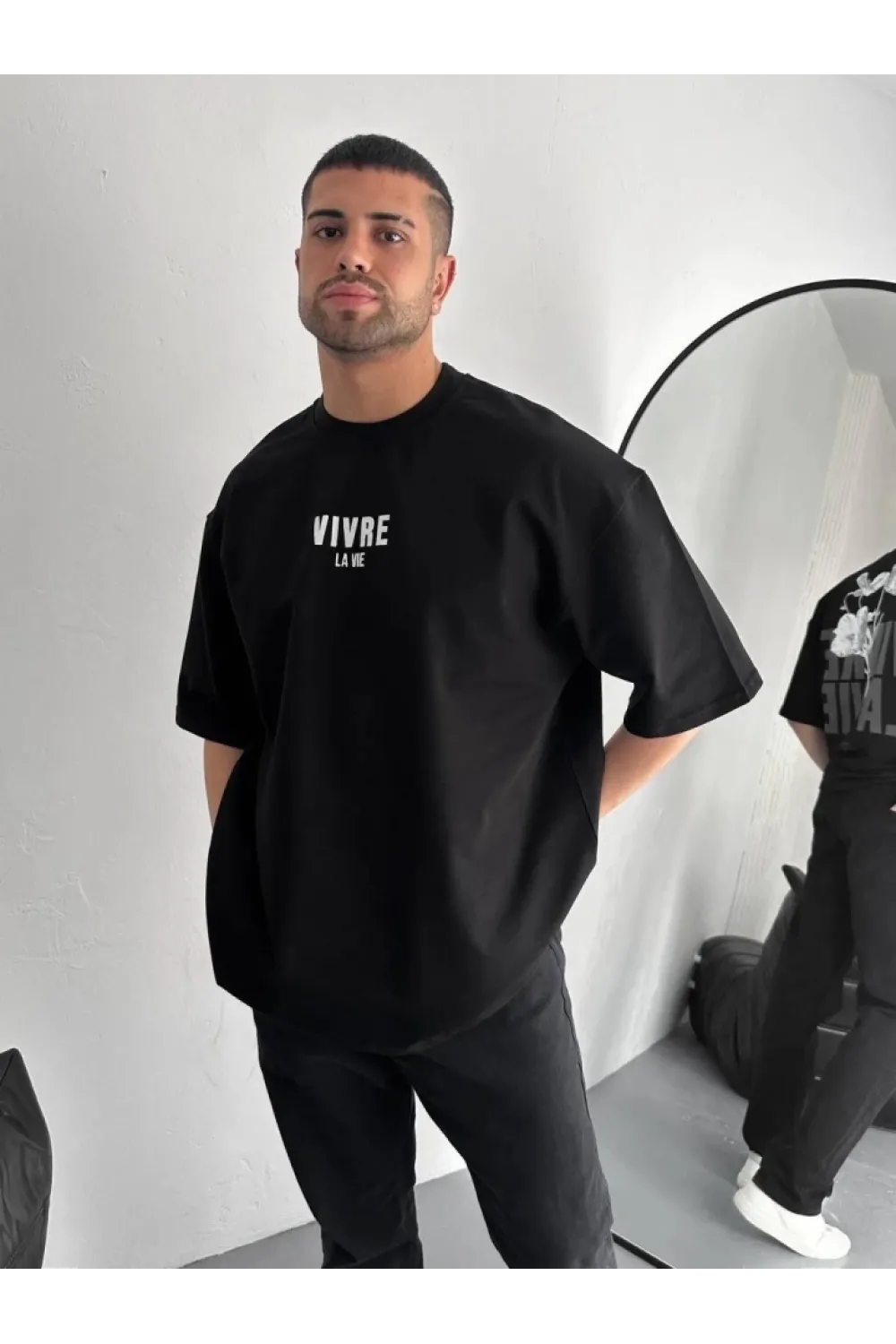 Baskılı Oversize Bisiklet Yaka T-shirt - Siyah