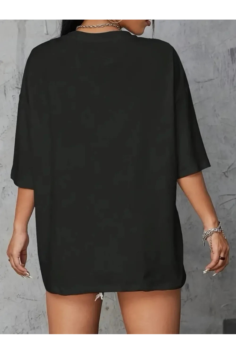 Baskılı Oversize Bisiklet Yaka T-shirt - Siyah