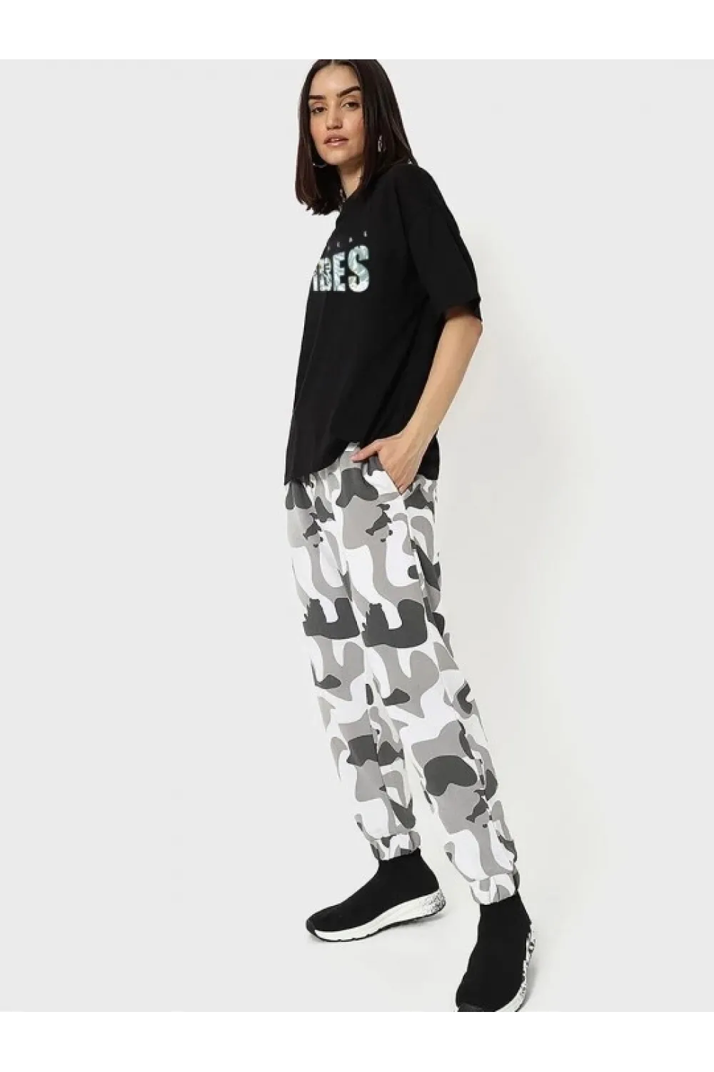 Baskılı Oversize T-shirt - Siyah