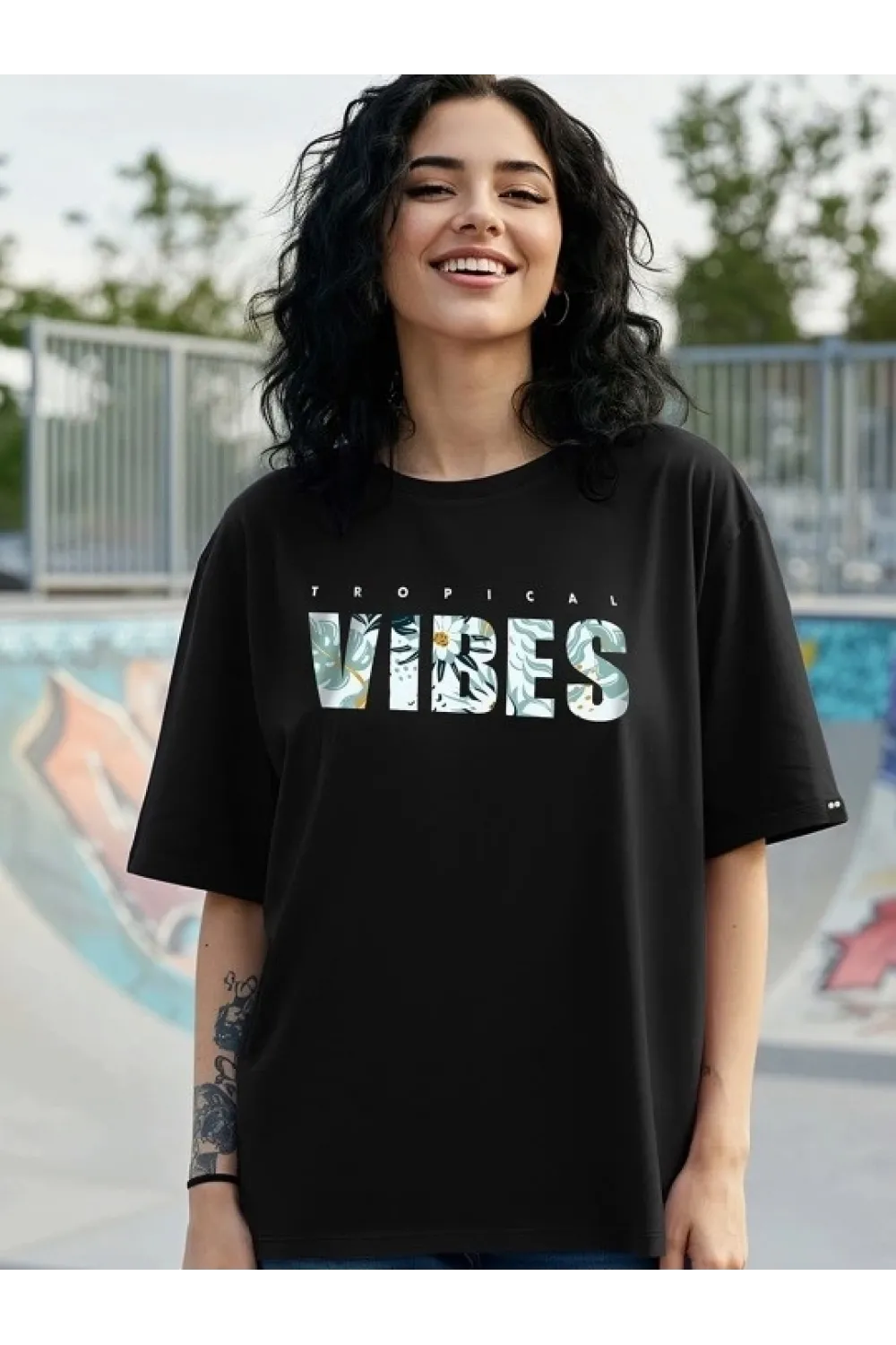 Baskılı Oversize T-shirt - Siyah