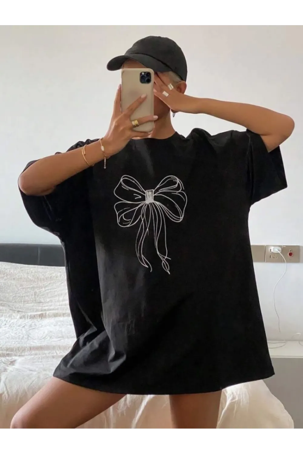 Baskılı Oversize T-shirt - Siyah