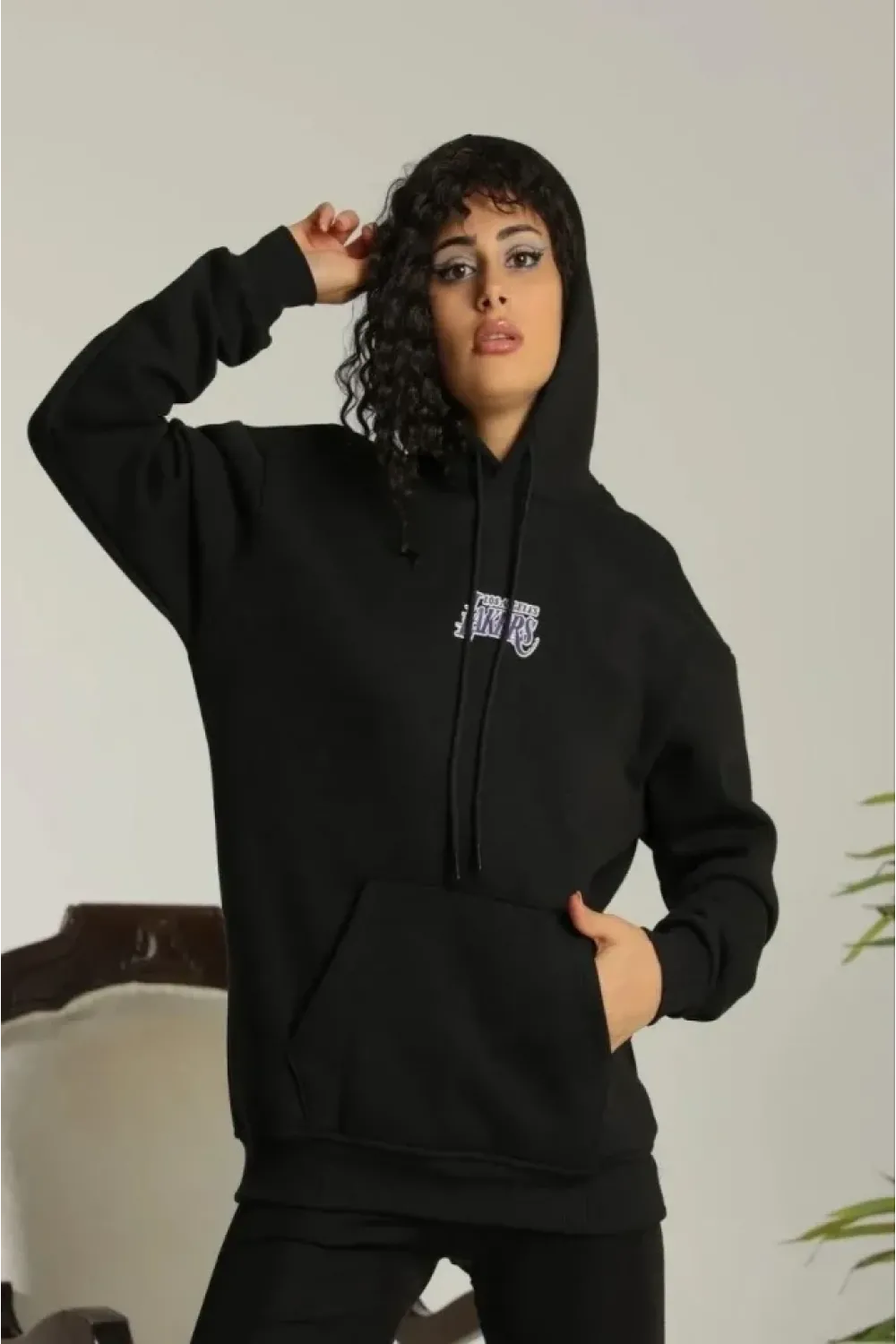 Baskılı Oversize Üç İplik Kapüşonlu Sweatshirt - Siyah