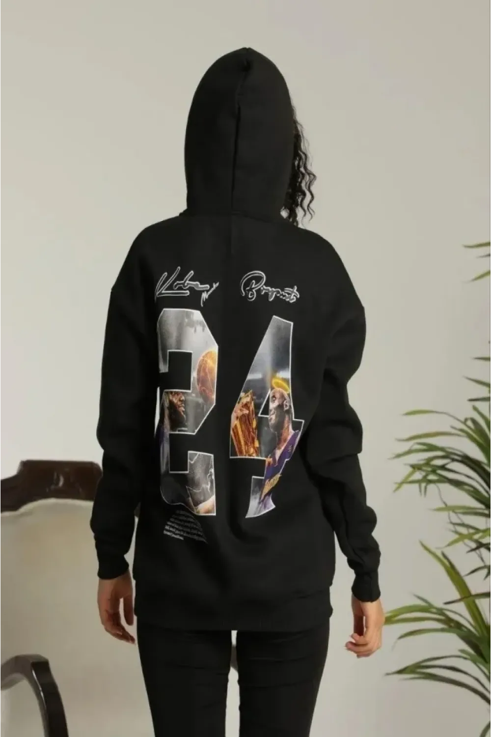 Baskılı Oversize Üç İplik Kapüşonlu Sweatshirt - Siyah