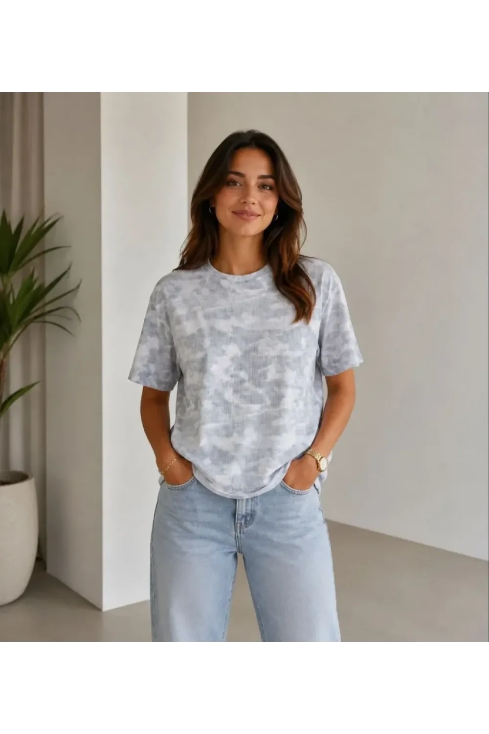 Batik Desenli Tişört Bisiklet Yaka Kısa Kol Regular Fit T-shirt - Gri