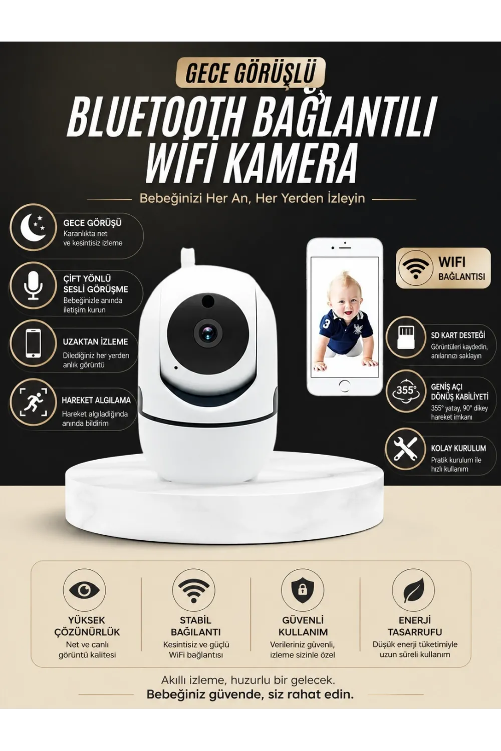 Bebek Takip Kamerası  Gece Görüşlü Wifi Güvenlik Kamerası