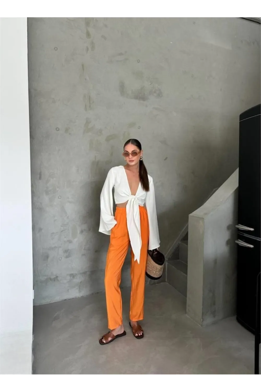 BEL LASTİK DETAYLI MODAL KUMAŞ PANTOLON - Orange