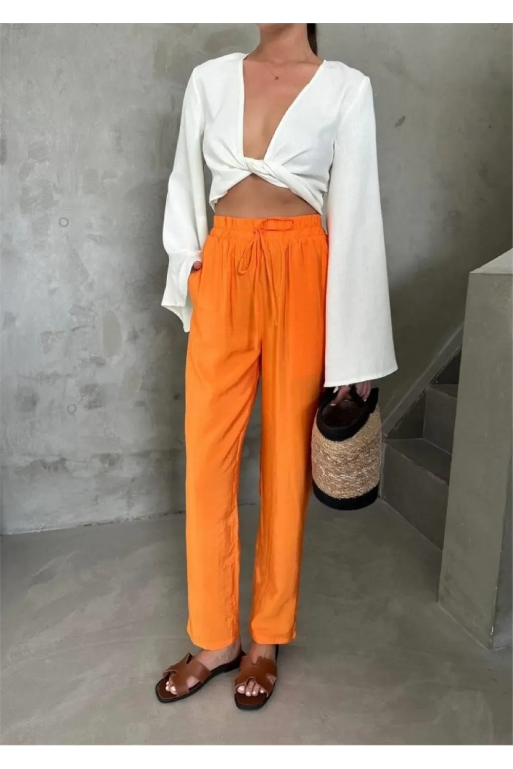 BEL LASTİK DETAYLI MODAL KUMAŞ PANTOLON - Orange