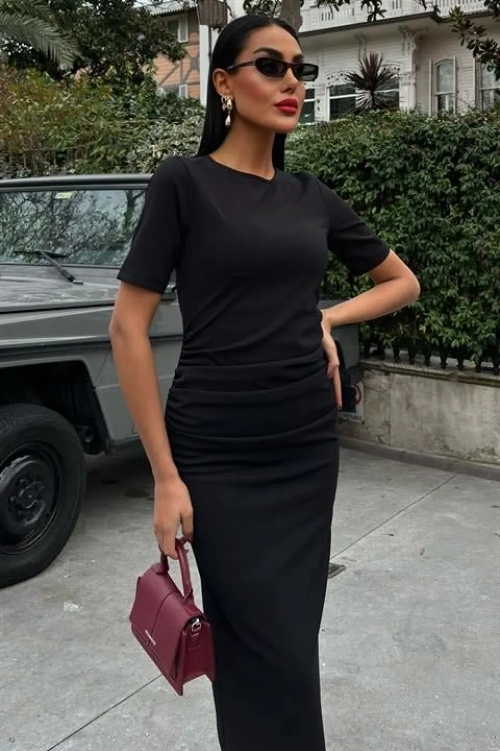 Beli Büzgülü Midi Elbise 2853