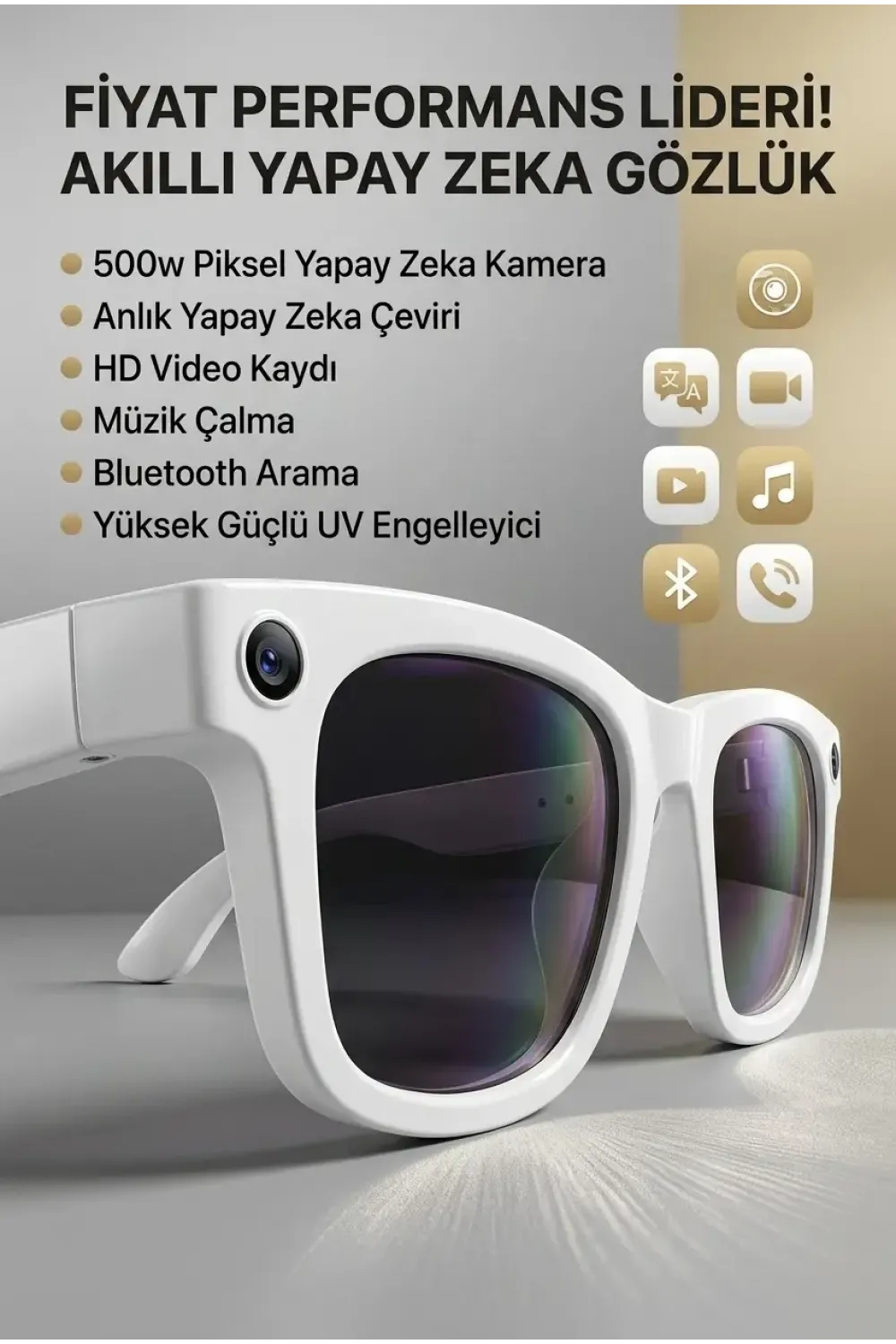 Beyaz Aı Akıllı Gözlük No 11 Kameralı Bluetooth Bluetooth Müzik Telefon Görüşmesi Ve Hızlı Şarjlı