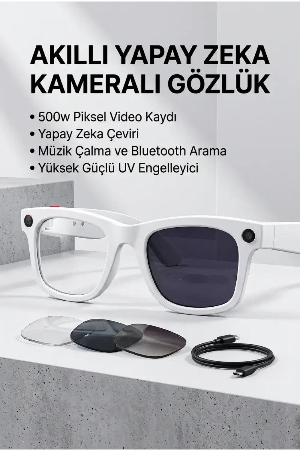 Beyaz Aı Akıllı Gözlük No 20 Kameralı Bluetooth Bluetooth Müzik Telefon Görüşmesi Ve Hızlı Şarjlı