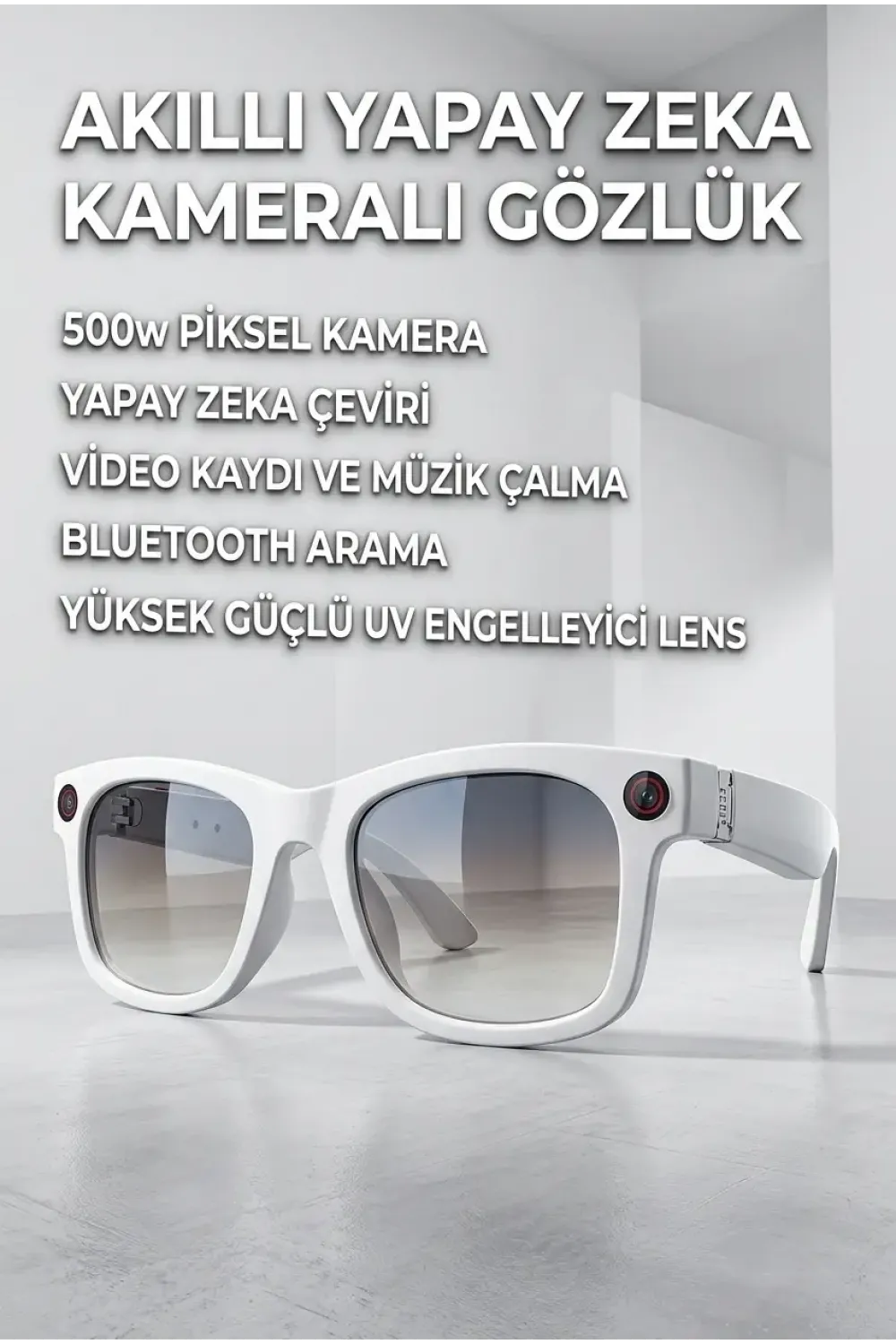 Beyaz Aı Akıllı Gözlük No 27 Kameralı Bluetooth Yapay Zeka Çeviri Ve Ses Kayıt Özellikli