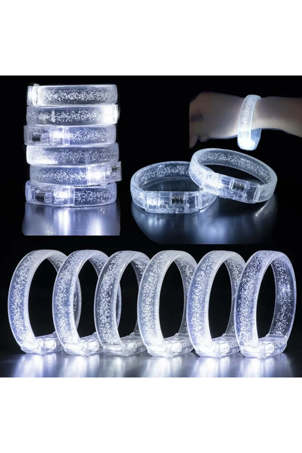 Beyaz-Gümüş Led Işıklı Baskı Yapılabilen Pilli Bileklik Bilezik 1,5 cm Genişlik