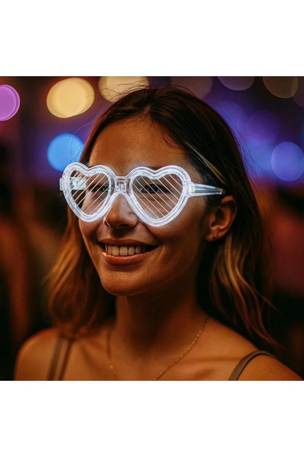 Beyaz LED Işıklı Kalp Gözlük – 3 Modlu Parti & Glow Gözlüğü