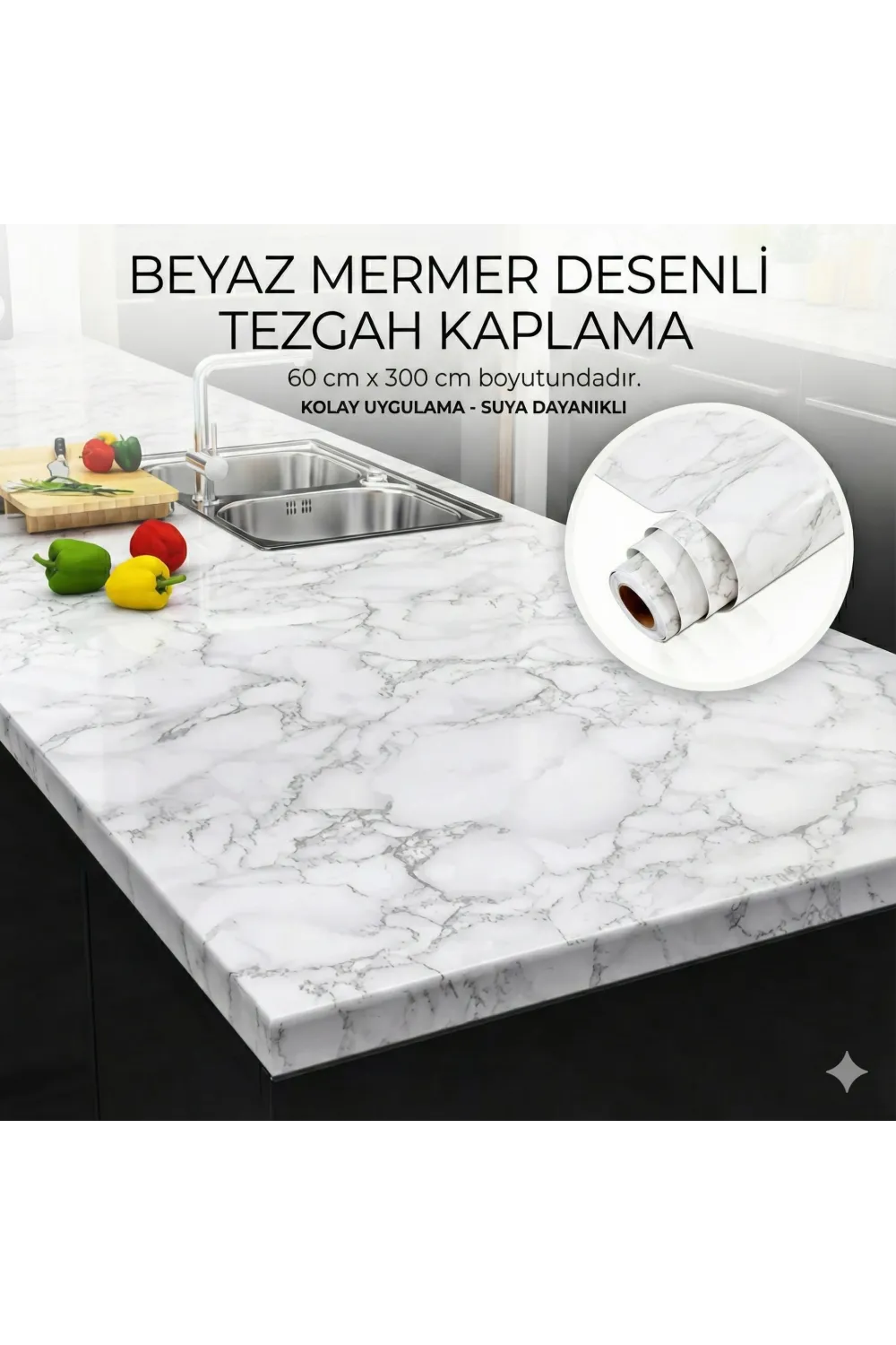 Beyaz Mermer Desenli Yapışkanlı Tezgah Folyosu (3 Mt.x 60 Cm)