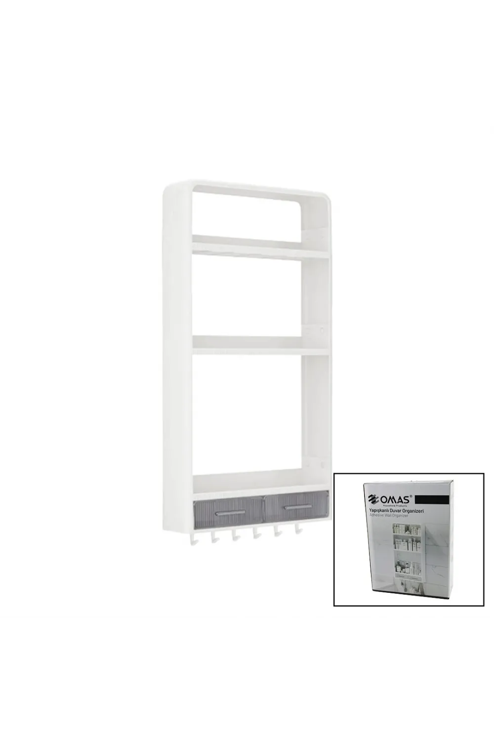 Beyaz Yapışkanlı Duvar Organizeri Plastik 3 Raf=14cm-19cm-30cm - 2 Çekmece=40cm - 6 Askı 19 Parça