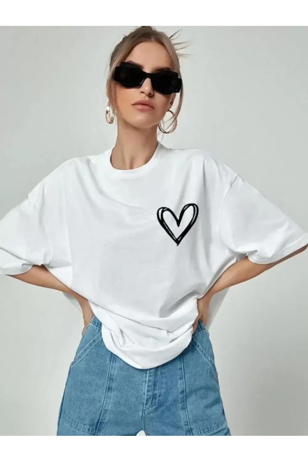 Bisiklet Yaka Baskılı Oversize T-Shirt - Beyaz