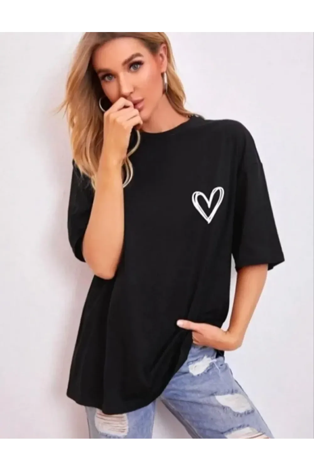Bisiklet Yaka Baskılı Oversize T-Shirt - Siyah