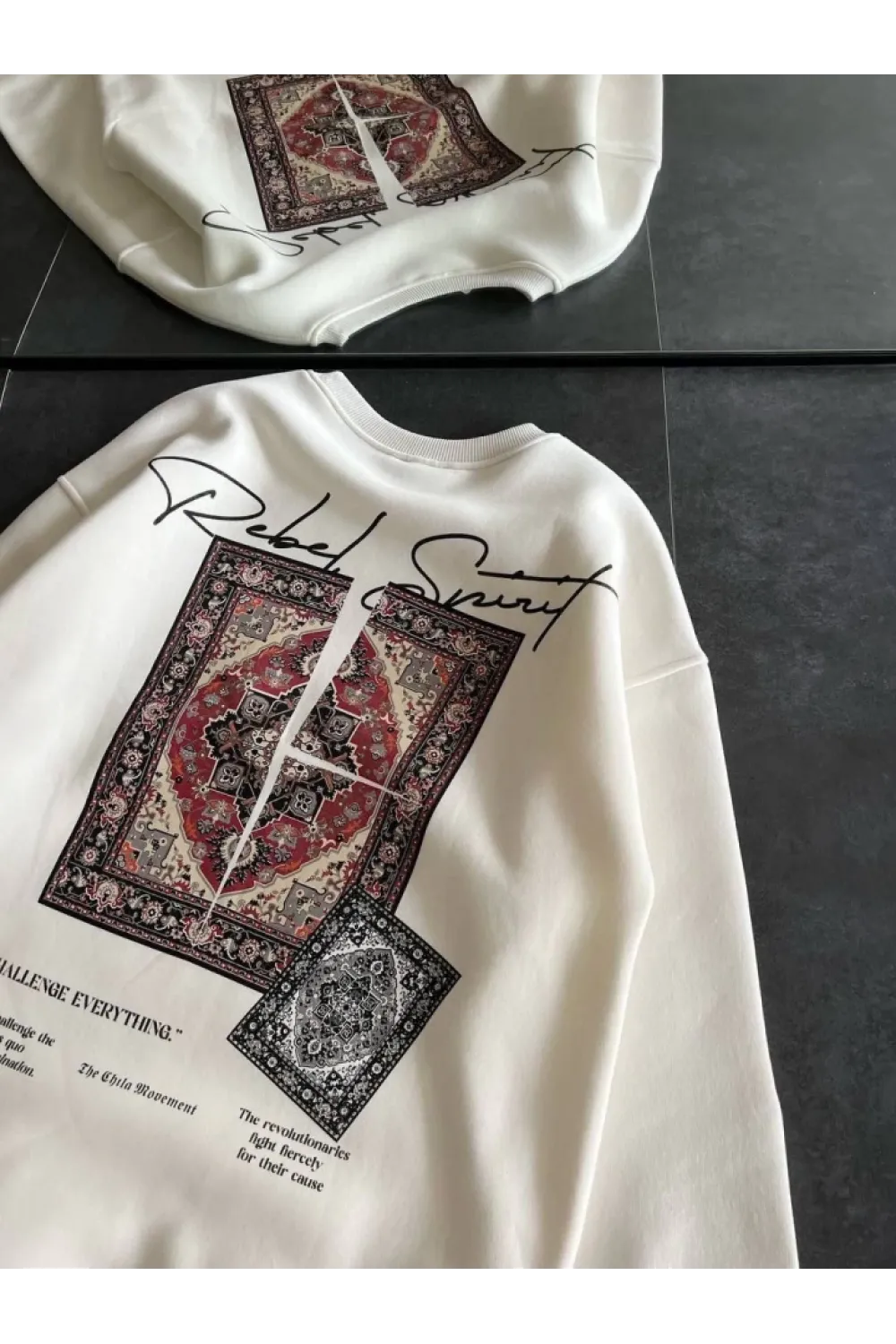 Bisiklet Yaka Baskılı SweatShirt - Beyaz