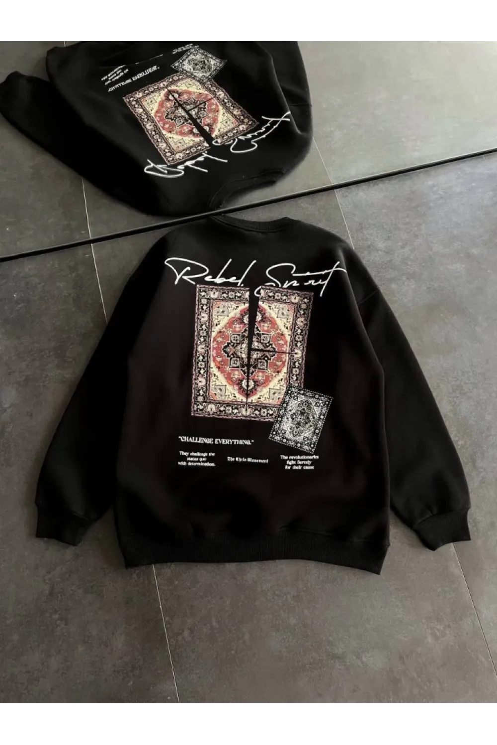 Bisiklet Yaka Baskılı SweatShirt - Siyah