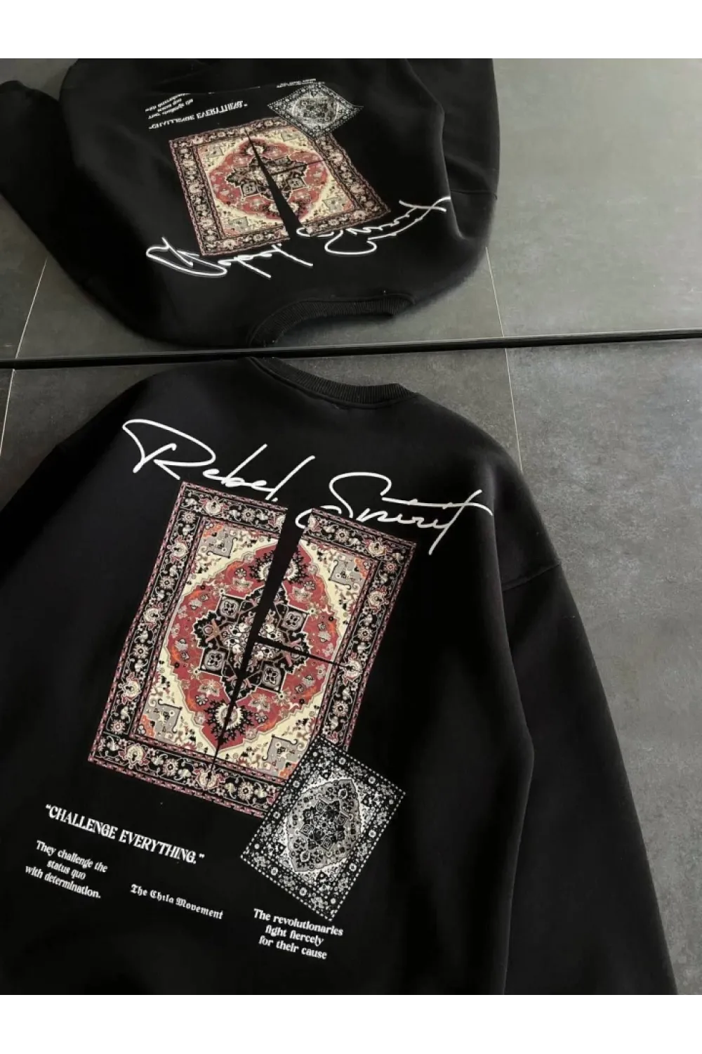 Bisiklet Yaka Baskılı SweatShirt - Siyah
