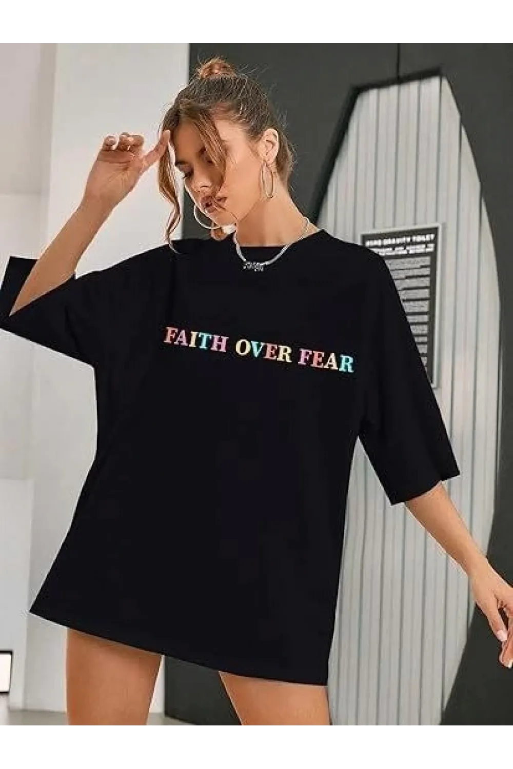 Bisiklet Yaka Baskılı T-shirt - Siyah