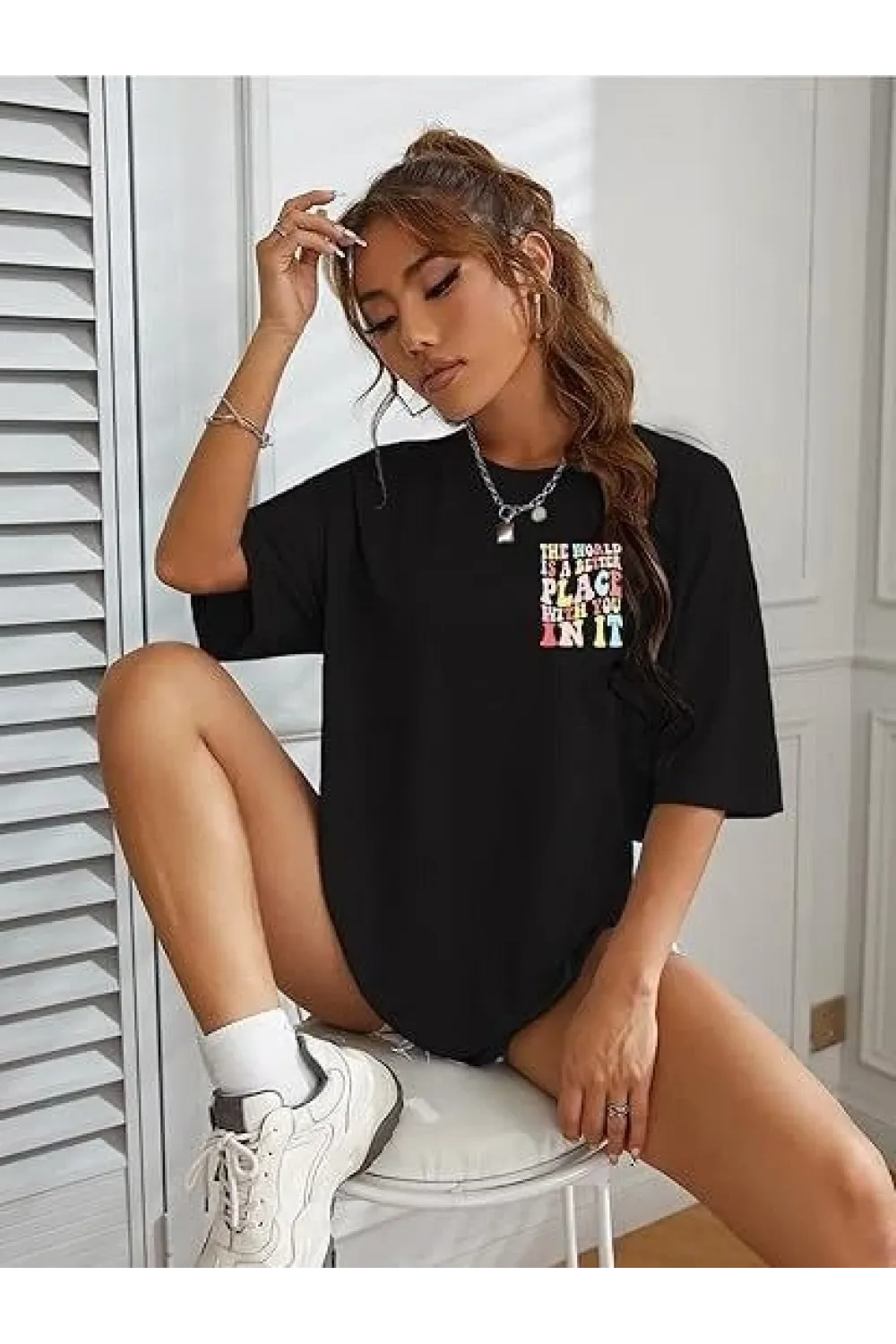 Bisiklet Yaka Baskılı T-shirt - Siyah